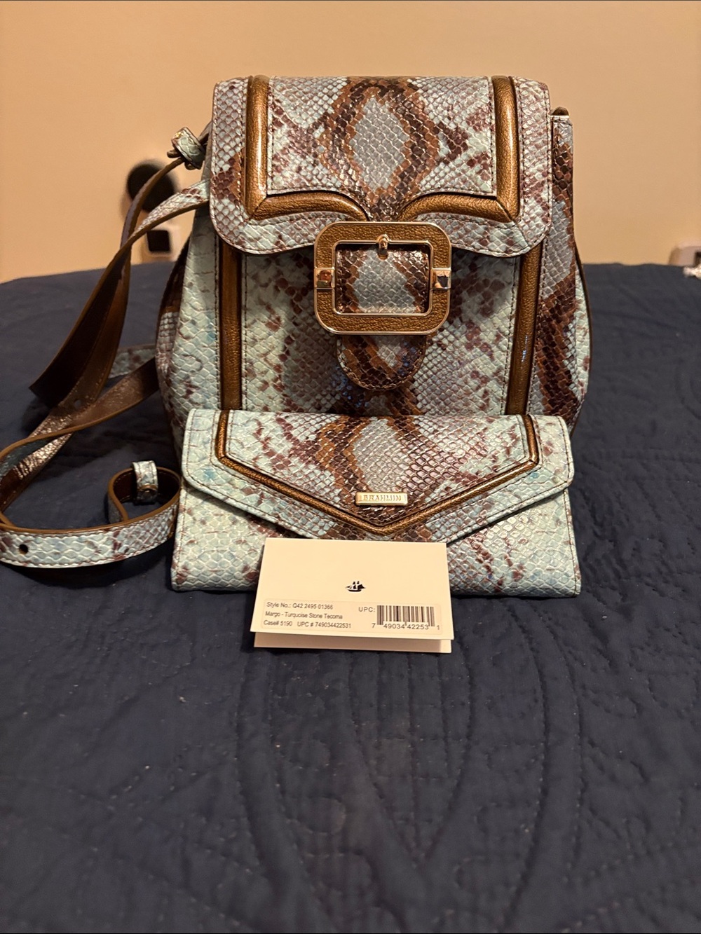 Brahmin Mint & Brown Snake-Embossed Backpack with Wallet